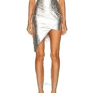 Zeynep Arcay Silver Asymmetric Crinkled-Leather Skirt US6 New With Tags